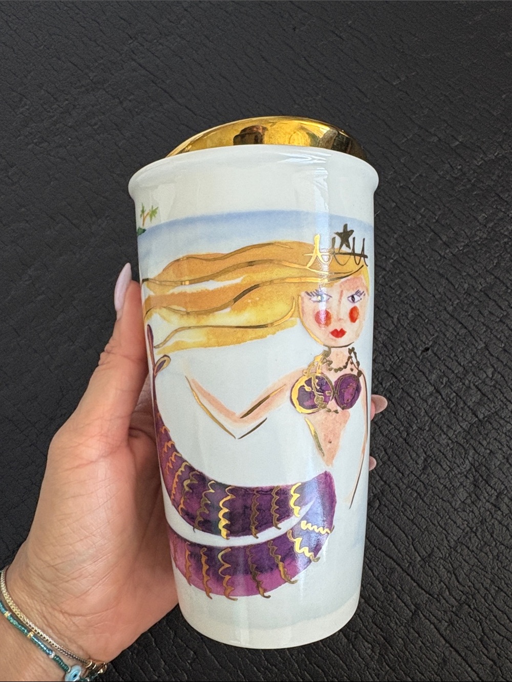 Starbucks Illustrated Siren Gold Paint Art Ceramic Tumbler Traveler Mug 12oz Lid
